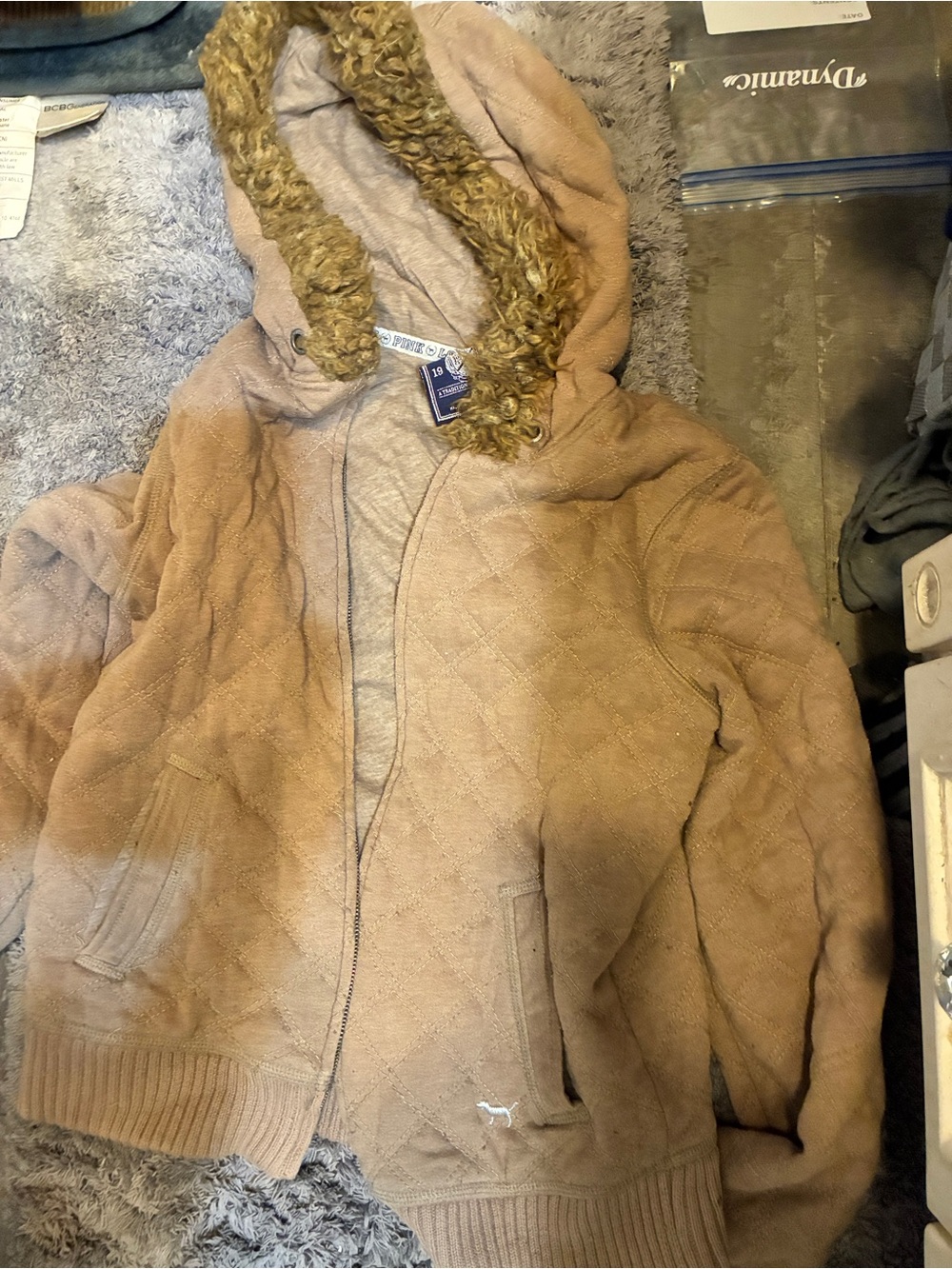 Womans Y2K Vintage VS Pink tan quilted zipup jacket- Brown with Pink 'Love PINK'